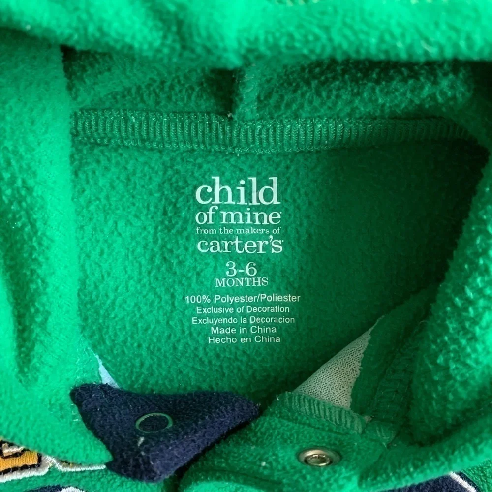 Carter’s Record Breaker 28 Monkey Green Fleece Hoodie Sweatshirt Size 3-6mos